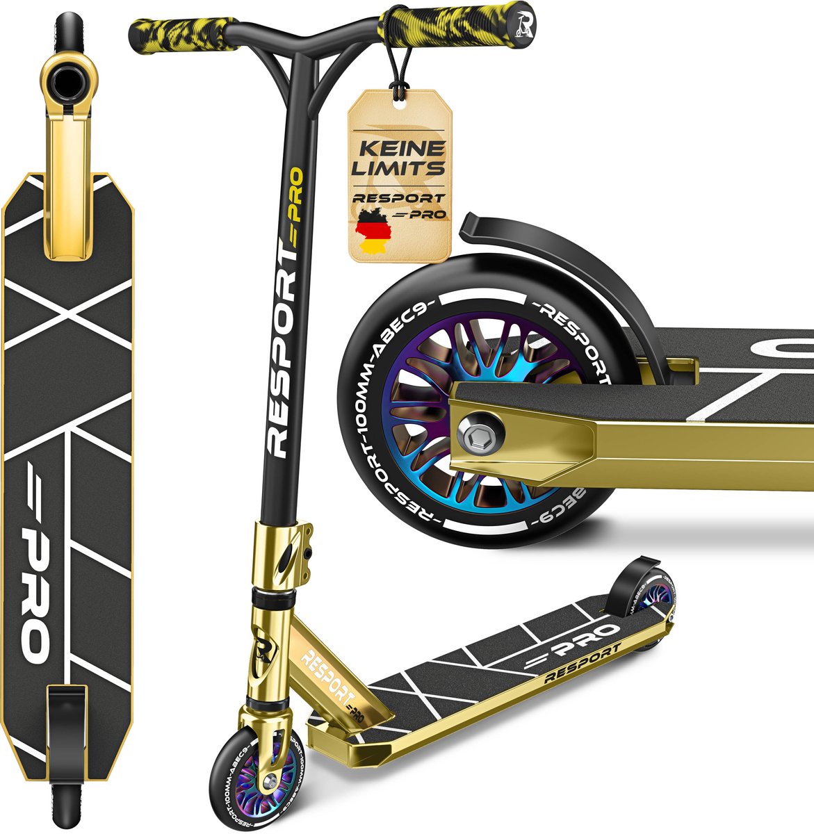 RE:SPORT Revo Pro Stuntstep, voor kinderen en volwassenen, met standaard, 110 mm, PU-wielen en Y-bar, ABEC 9 kogellagers, pedaalstep, trickstep, Nova goud Step kopen online