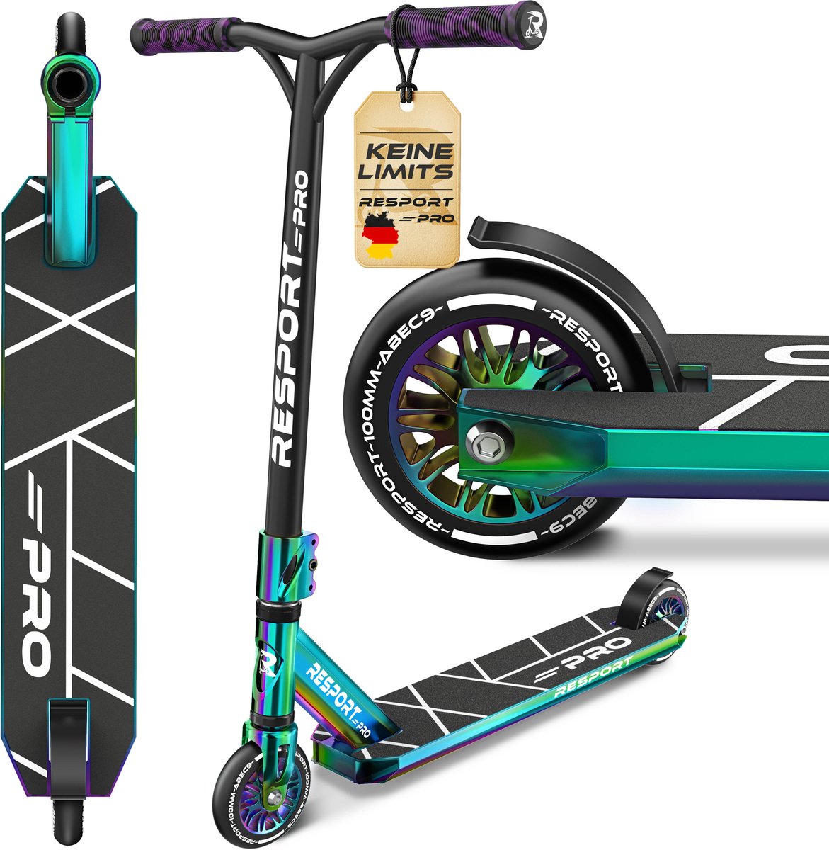 RE:SPORT Revo Pro Stuntstep, voor kinderen en volwassenen, met standaard, 110 mm, PU-wielen en Y-bar, ABEC 9 kogellagers, step (Rainbow Thunder) Step kopen online