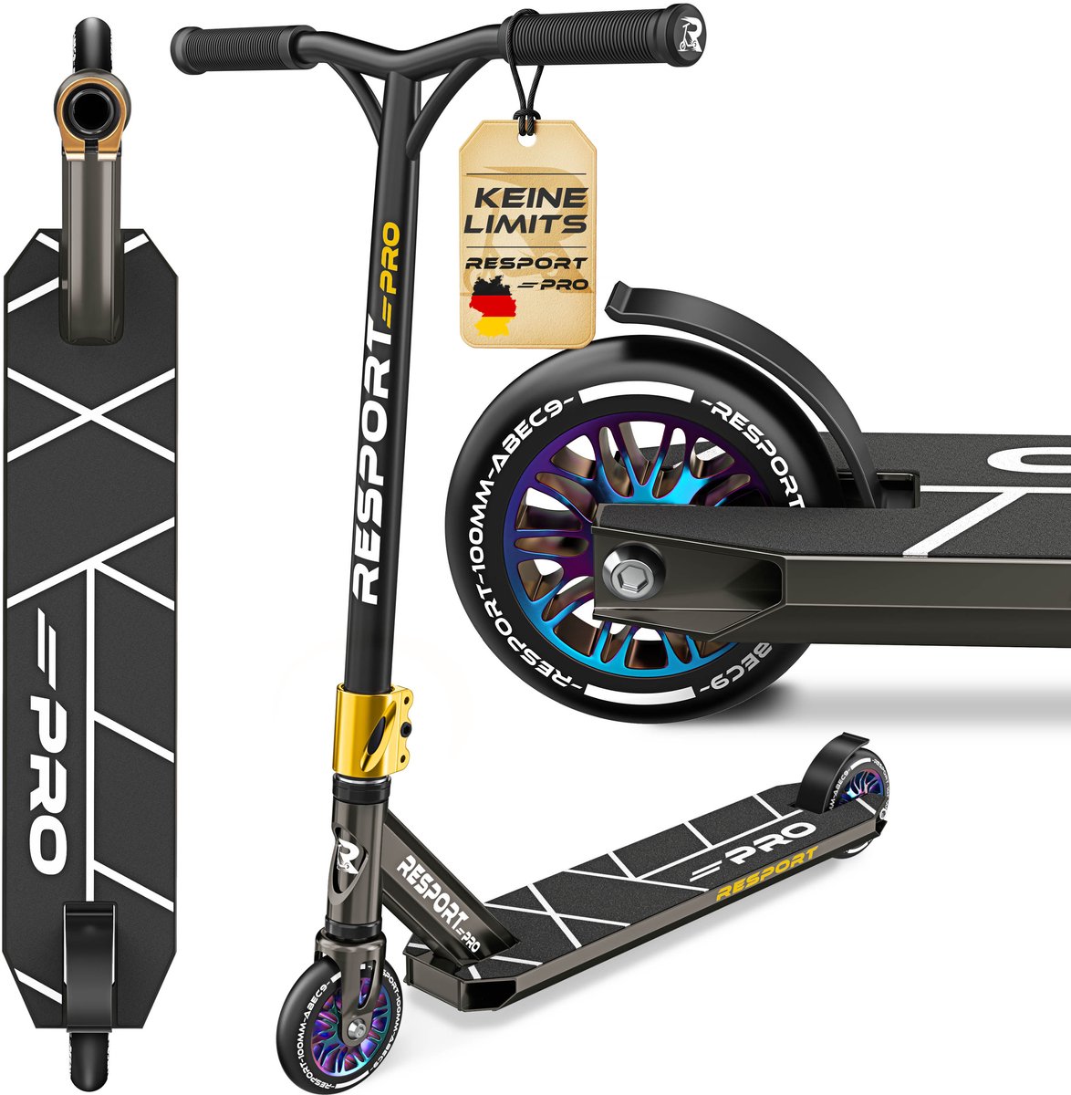 RE:SPORT Revo Pro Stuntstep, voor kinderen en volwassenen, met standaard, professionele stuntstep 110 mm, PU-wielen en Y-bar, ABEC 9 kogellagers, zwart/goud Step kopen online