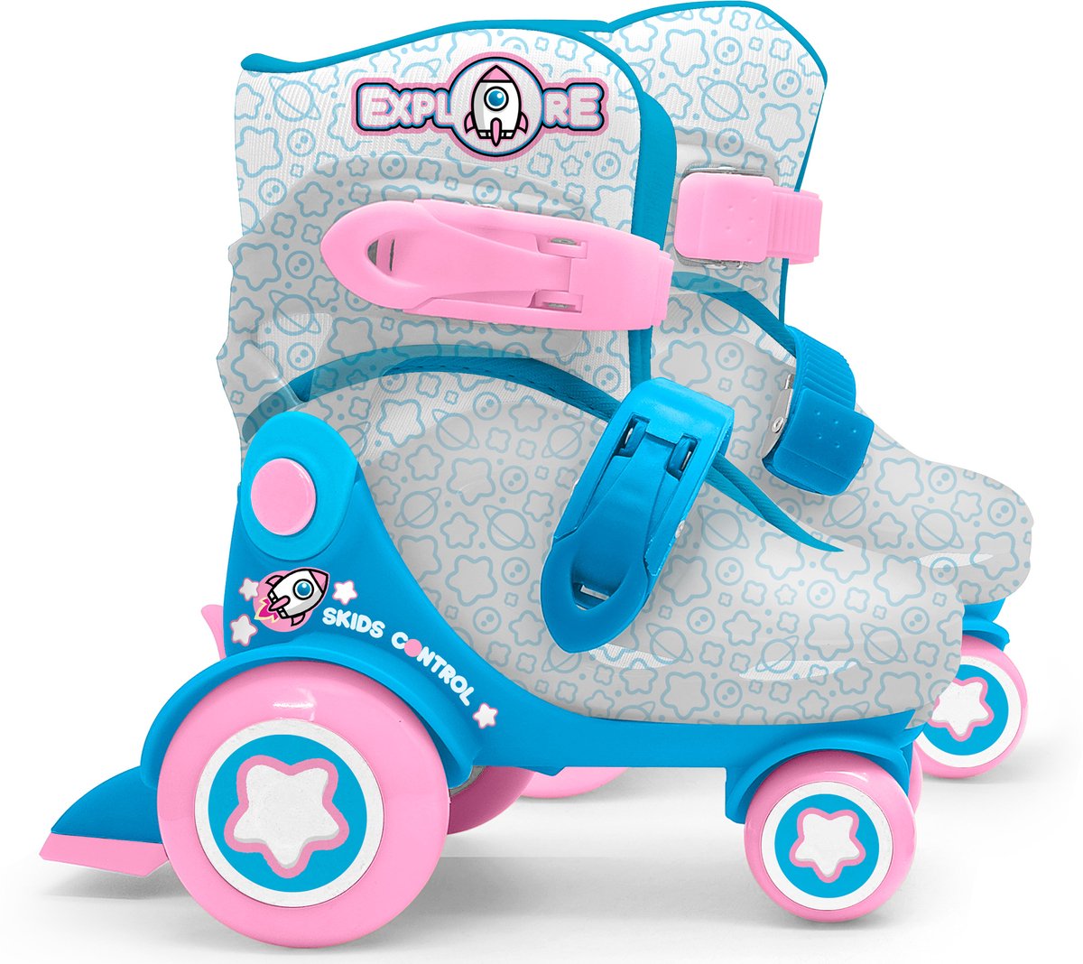 rolschaatsen explore voor meisjes blauw roze met een doorzichtige schaal maten 23 26