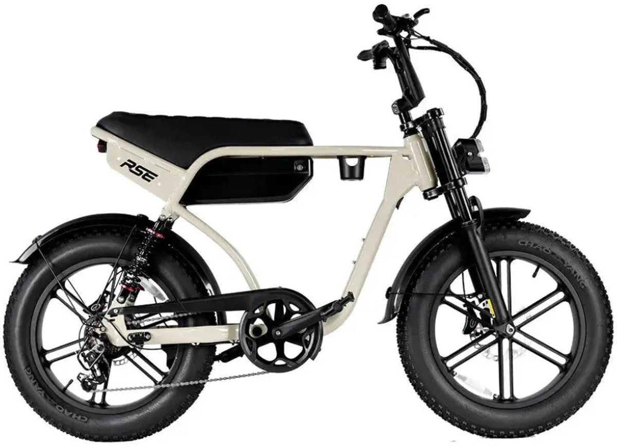 rse elektrische fatbike ingebouwd alarmsysteem inclusief voetsteuntjes inclusief bekerhouder nfc chip 20 inch 250w motor 7 versnellingen 60 km actieradius hydraulische schijfremmen beige