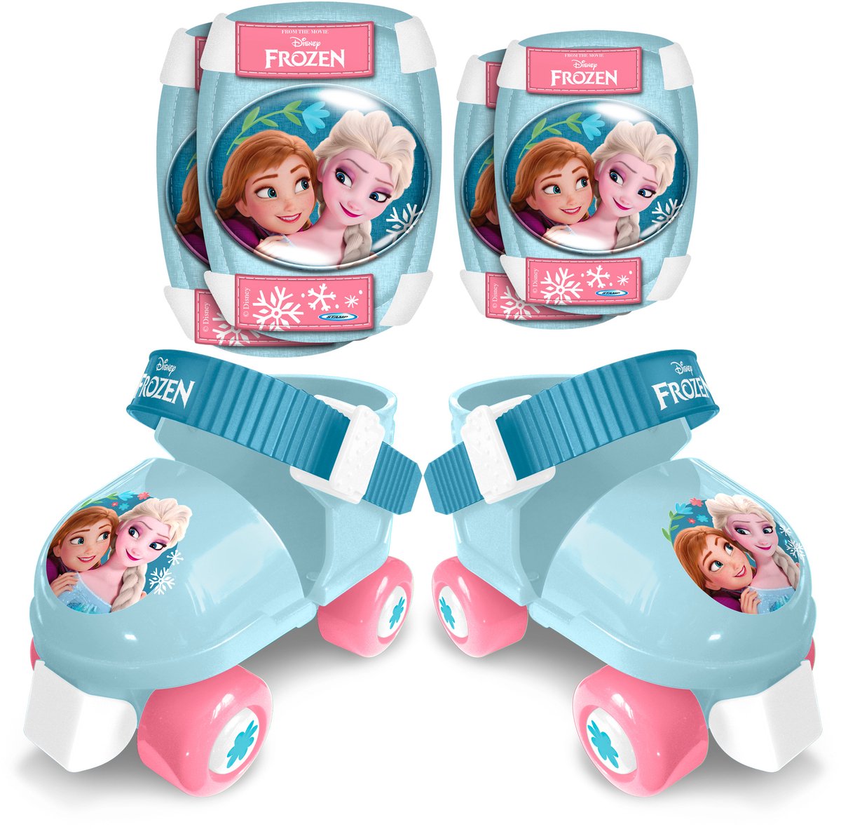 set rolschaatsen en beschermende kleding frozen met elleboog en kniebeschermers blauw roze