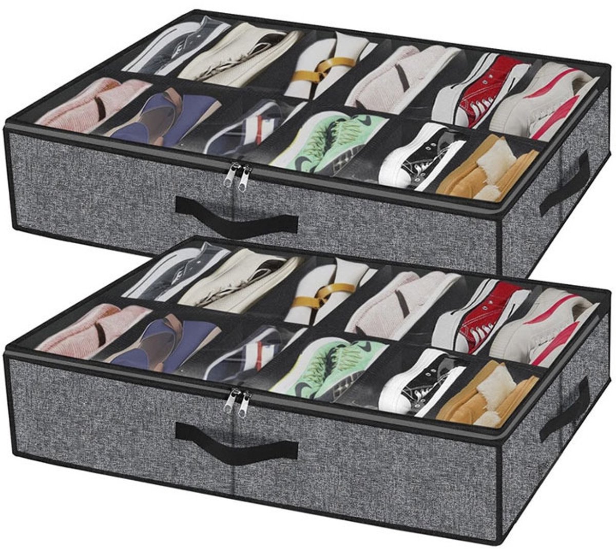 set van 2 schoenopbergtassen met transparant venster schoenorganizer met 12 vakken voor opbergruimte onder het bed zwarte linnenstof