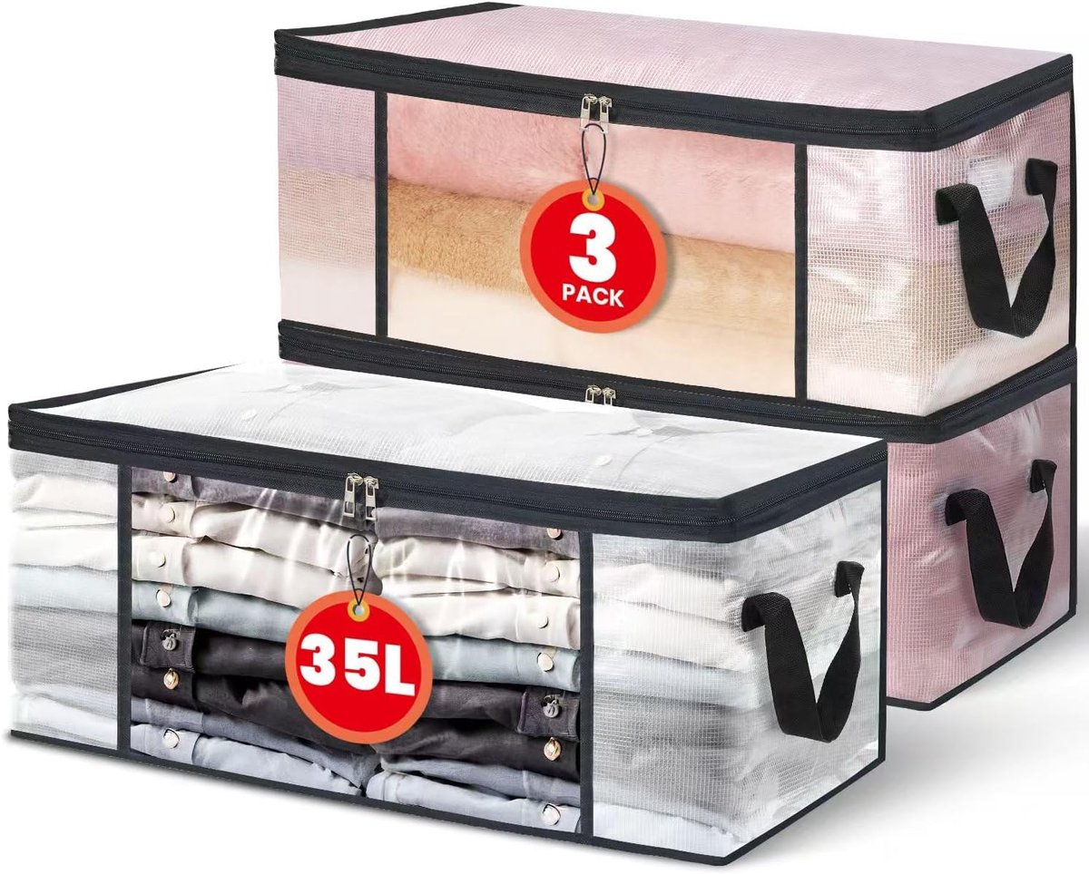 Set van 3 transparante opbergtassen van 35 liter voor kleding – opbergdoos voor onder het bed/in de kledingkast, dekbedovertrek, kastorganizer, opvouwbaar met ritssluiting en handvatten Opbergtas kopen online