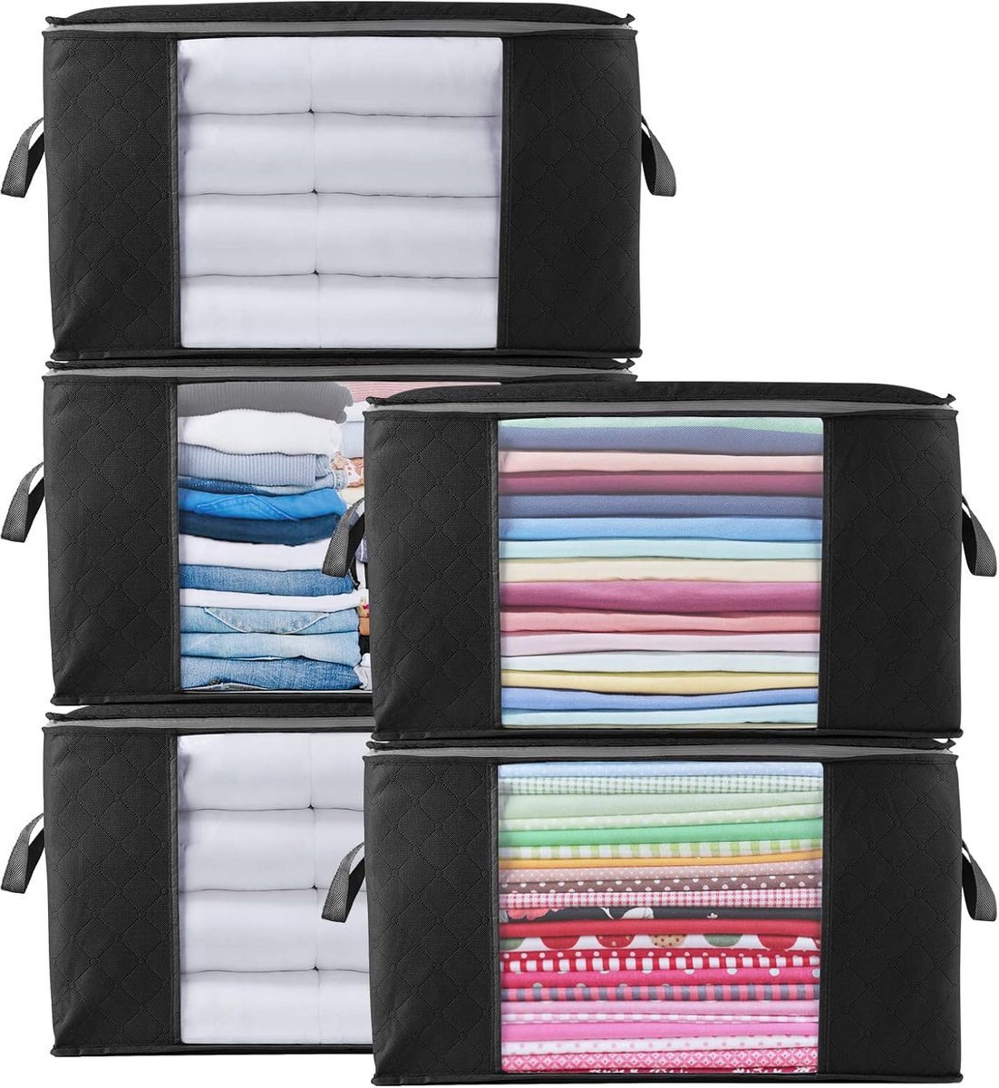 set van 5 kledingopbergtassen 90 liter grote dikke niet geweven kledingopbergdozen opvouwbare organizers met handvatten voor dekbedden beddengoed dekens kussens speelgoed zwart