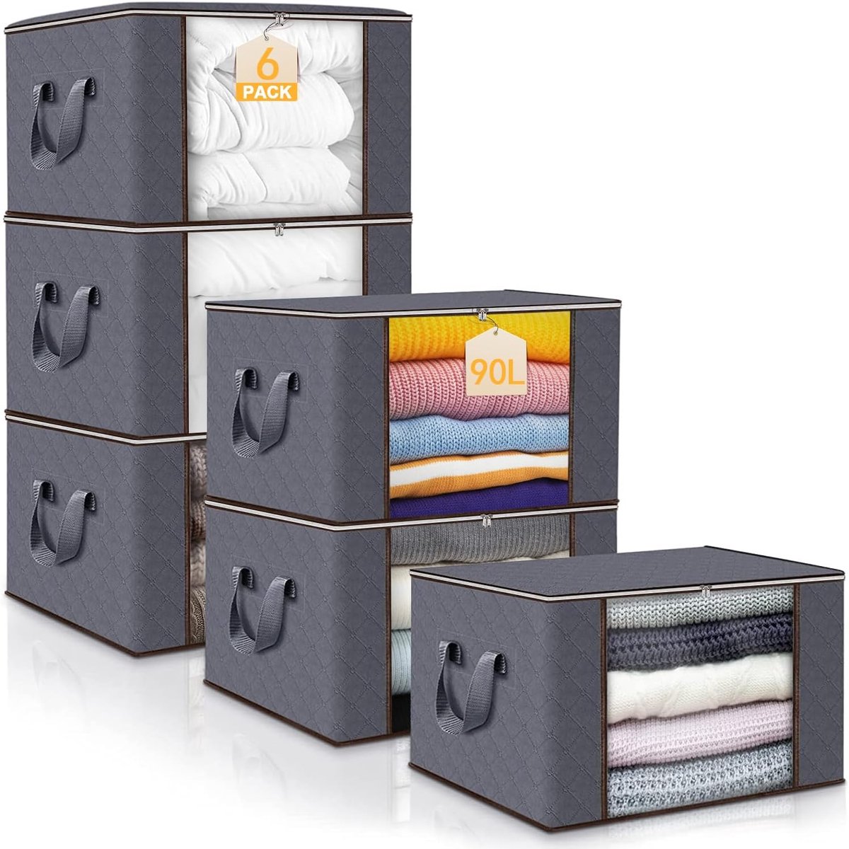 set van 6 opbergtassen voor kleding opvouwbare opbergdozen van 90 liter opbergcontainers voor het organiseren van slaapkamers kledingkasten kleding en dekbedden met deksel en handvat grijs