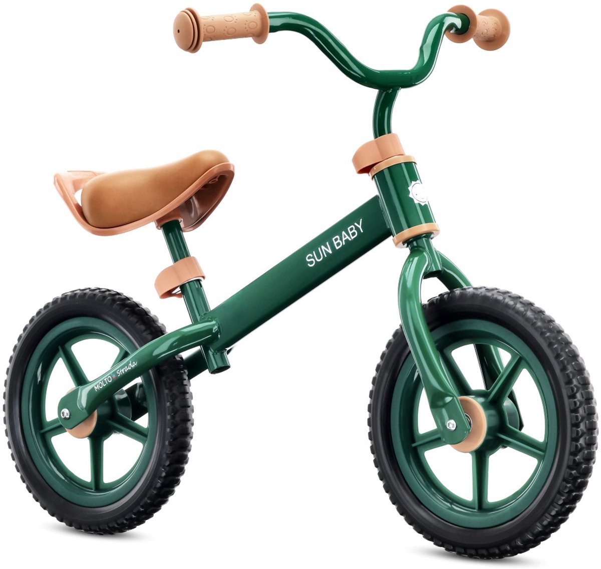 sun baby loopfiets voor kinderen 2 jaar molto strada max 30 kg loopfietsen met schuimrubberen banden verstelbaar zadel en stuur stalen frame forest green