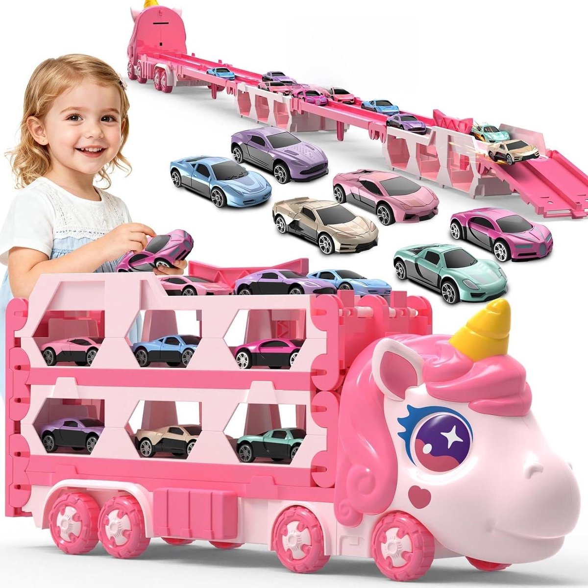 transport vrachtwagen speelgoed racebaan truck meisjes eindeloos speelplezier opvouwbaar met opbergruimte 170 cm baan roze