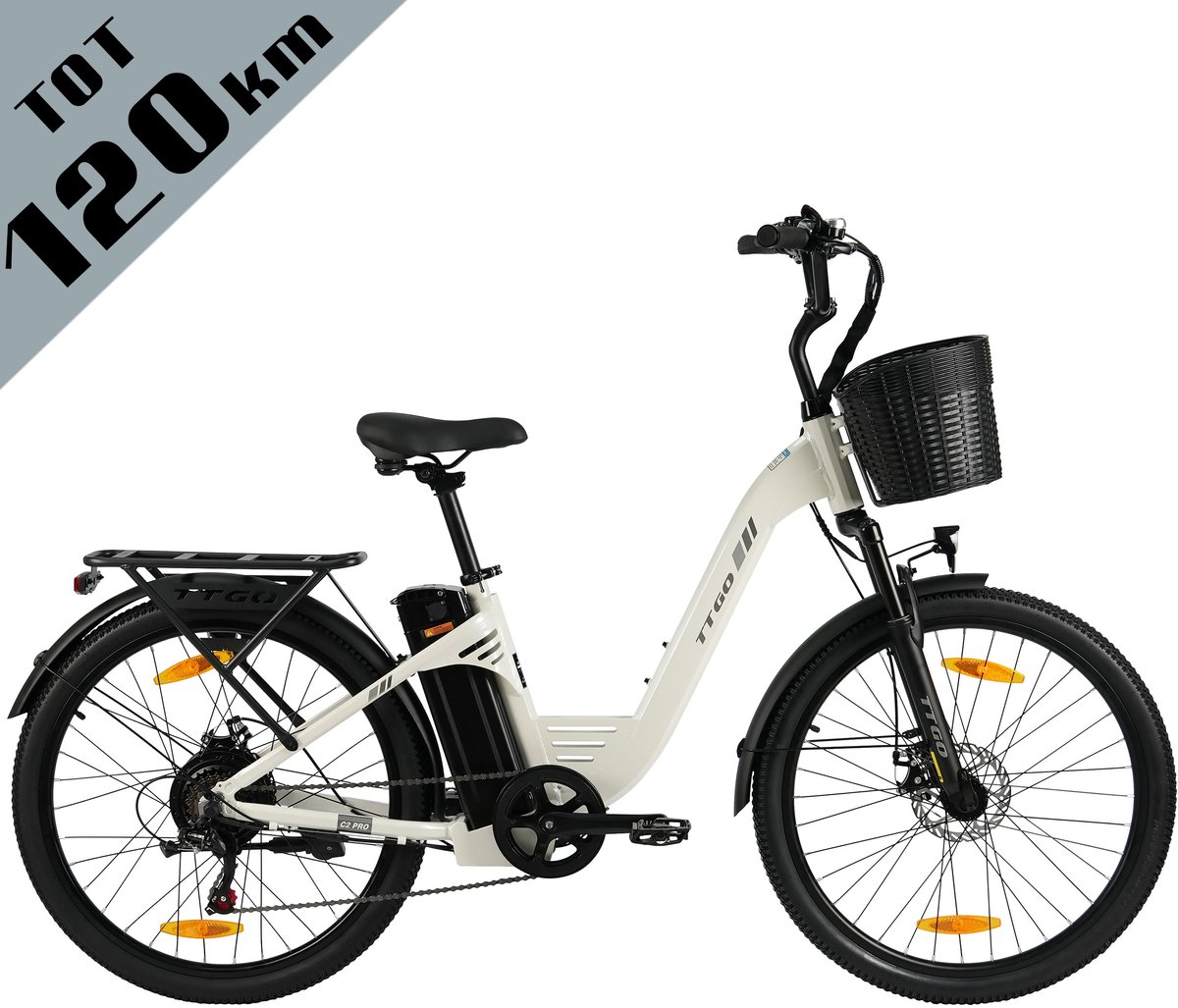 TTGO Elektrische Fiets C2 Pro - 26" stadsfiets - Tot 120 km Actieradius - 36V 18Ah Accu - Shimano 7 Versnellingen - LCD Display - Voorvorkvering - Inclusief Bagagedrager en Mand - wit Fiets (elektrisch) kopen online