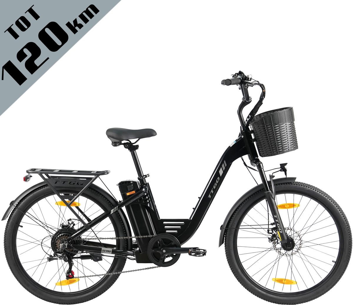 ttgo elektrische fiets c2 pro 26 stadsfiets tot 120 km actieradius 36v 18ah accu shimano 7 versnellingen lcd display voorvorkvering inclusief bagagedrager en mand zwart