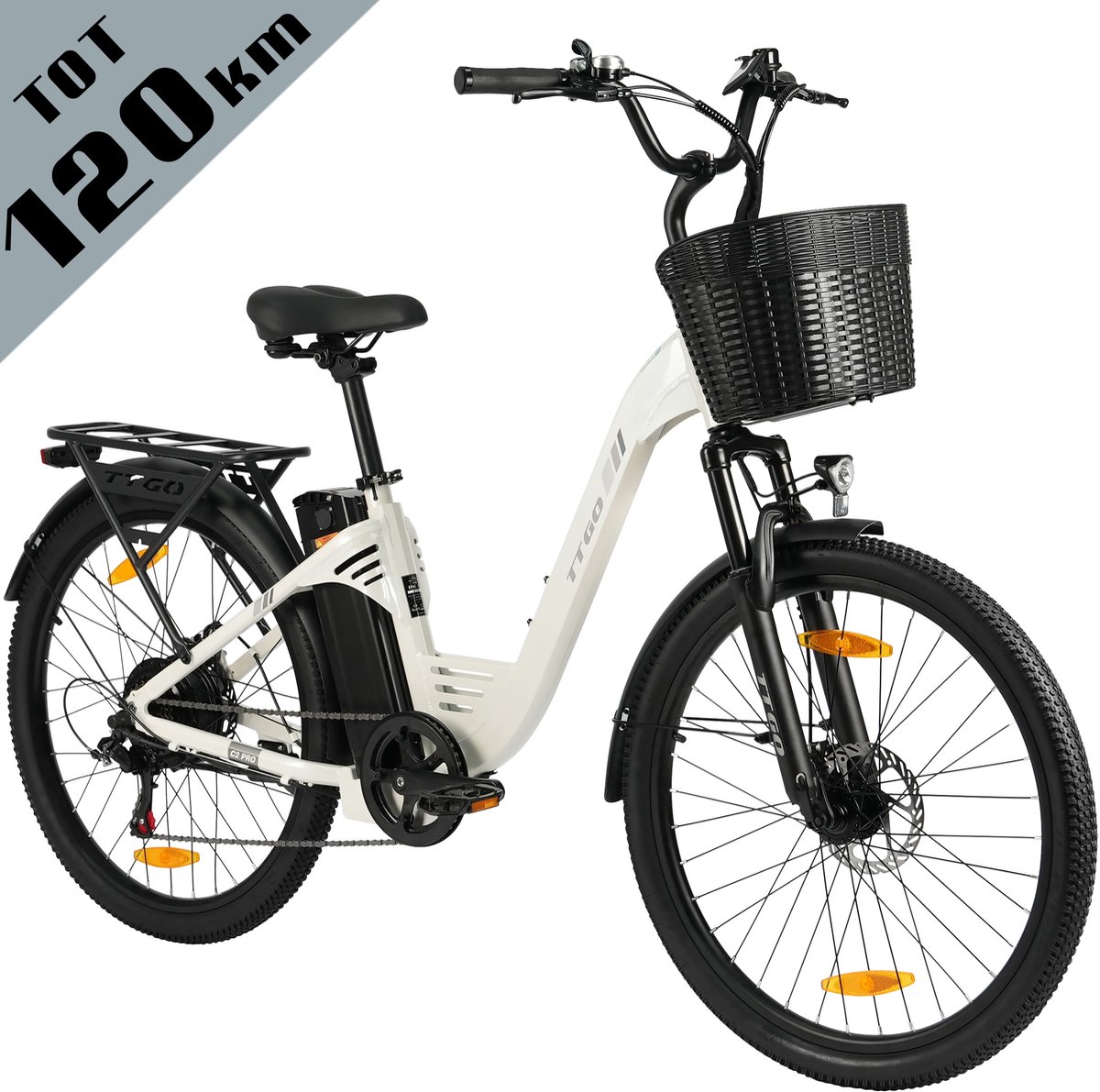 ttgo elektrische fiets tot 120 km actieradius 18ah accu 26 stadsfiets shimano 7 versnellingen lcd display wit