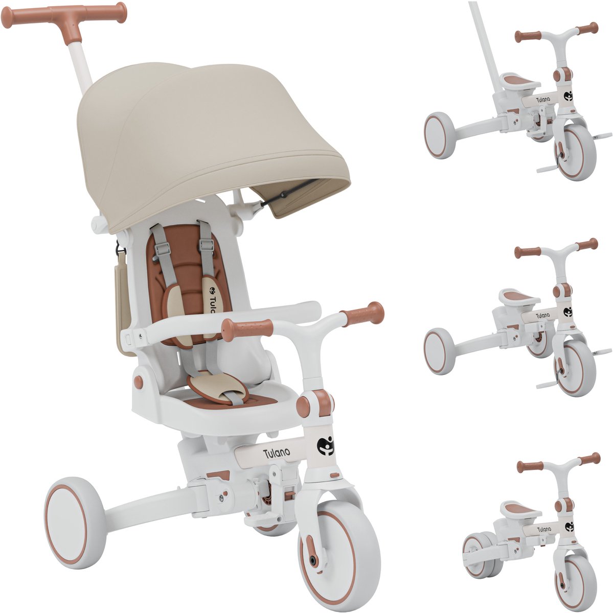 Tulano Noah 35 - Driewielige fiets - 4-in-1 driewielige fiets met duwstang, driewielige fiets om zelfstandig te rijden, loopfiets, loopfiets - met waterdichte kap - opvouwbaar - wielen van EVA-schuim - Beige Driewieler kopen online