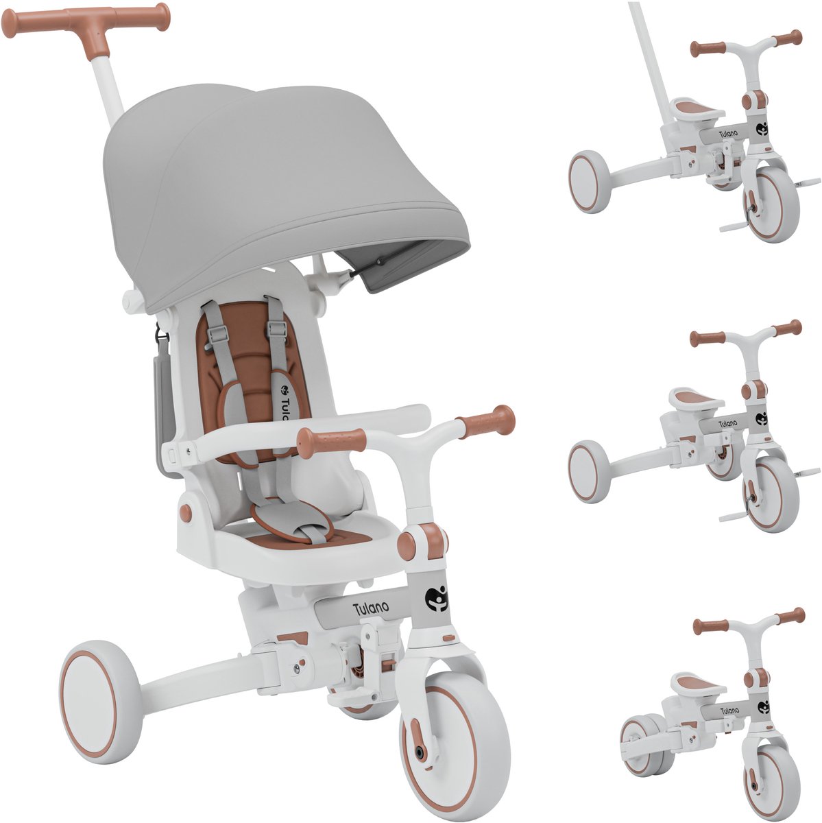 Tulano Noah 35 - Driewielige fiets - 4-in-1 driewielige fiets met duwstang, driewielige fiets om zelfstandig te rijden, loopfiets, loopfiets - met waterdichte kap - opvouwbaar - wielen van EVA-schuim - grijs Driewieler kopen online