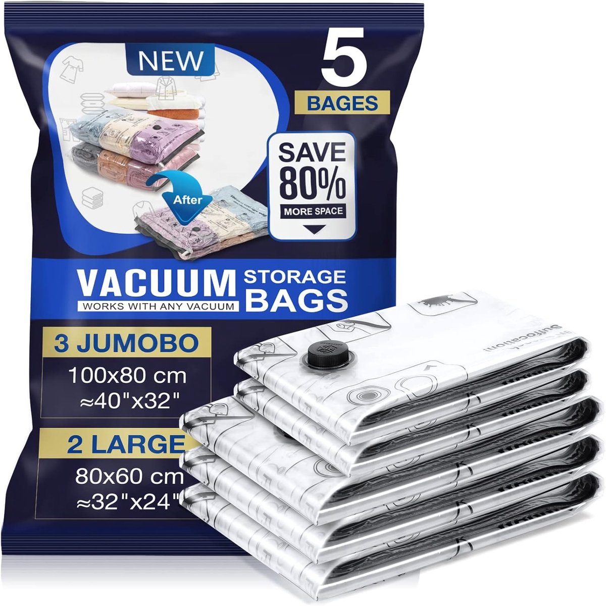 Vacuümzakken voor kleding, 5 stuks, 3XL 100x80cm, 2L 80x60cm, herbruikbare opbergzakken voor dekbedden, kleding, beddengoed en bagage Opbergtas kopen online