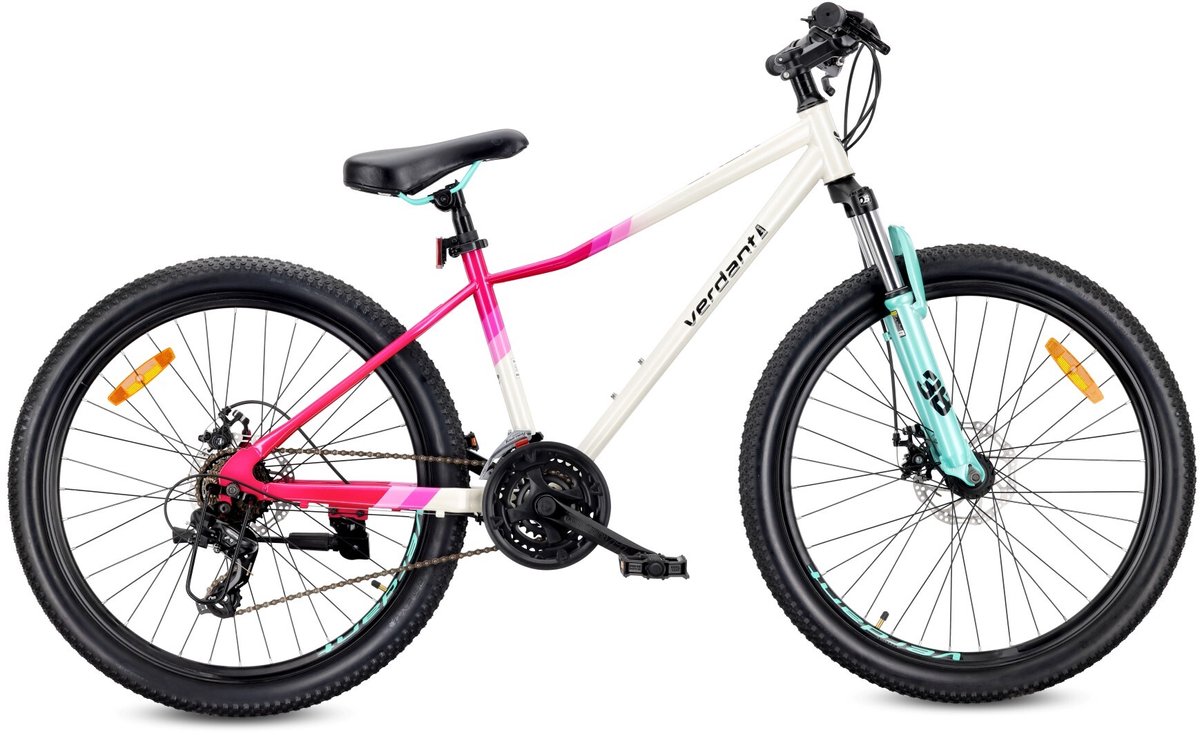 VERDANT CALIX Mountainbike 26", MTB-fiets voor dames en heren, fiets 6 inch - vering, schijfremmen, 21 versnellingen - Wit-Roze-Mintgroen Fiets kopen online