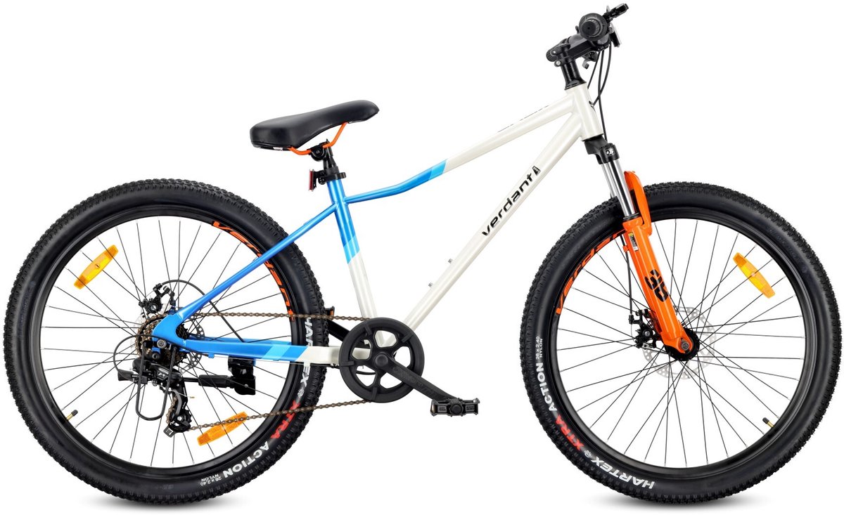verdant calix mountainbike 26 mtb fiets voor dames en heren fiets 6 inch vering schijfremmen 7 versnellingen wit blauw oranje