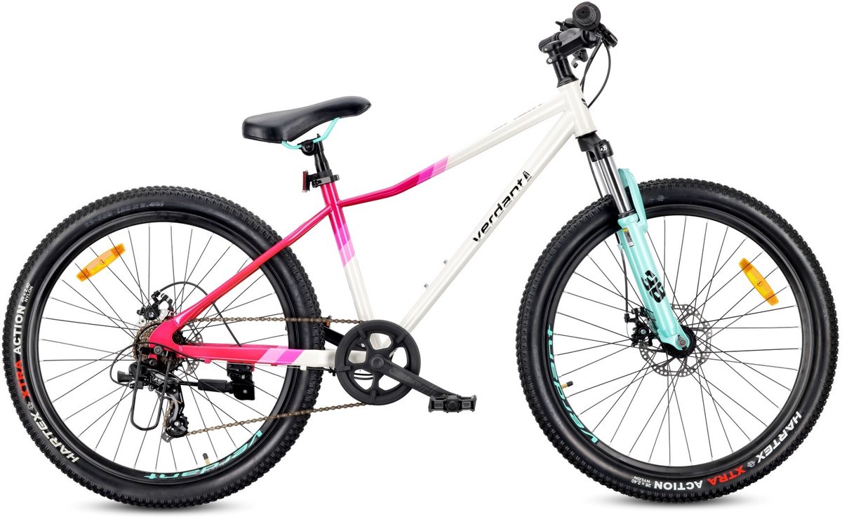 VERDANT CALIX Mountainbike 26", MTB-fiets voor dames en heren, fiets 6 inch - vering, schijfremmen, 7 versnellingen - Wit-Roze-Mintgroen Fiets kopen online