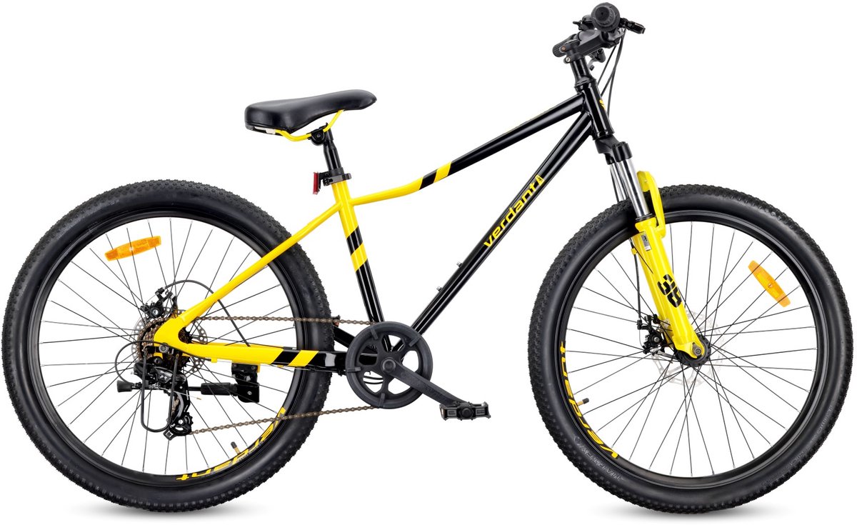 verdant calix mountainbike 26 mtb fiets voor dames en heren fiets 6 inch vering schijfremmen 7 versnellingen zwart geel