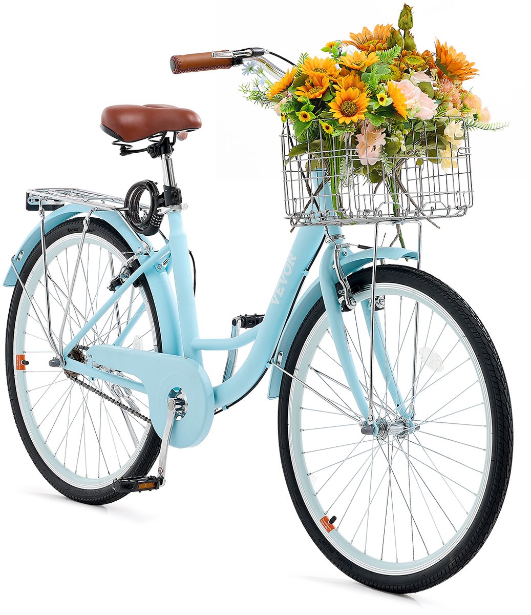 vevor cruiser beach bike met mand 66cm banden 1 versnelling lichtblauw