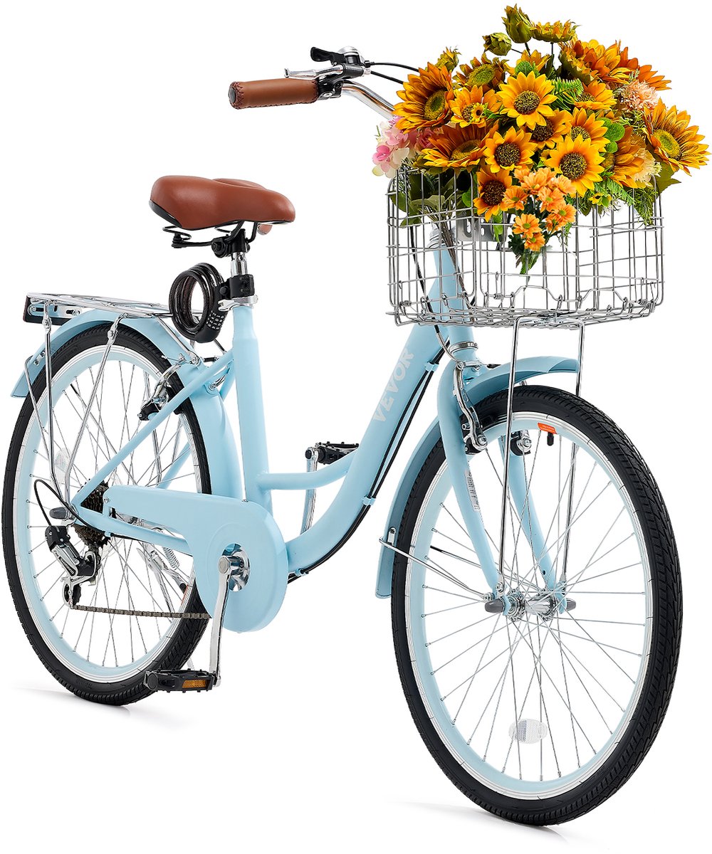 VEVOR Cruiser Bike Beach Bike met Mand 61cm Banden 7 Versnellingen Verstelbaar, Lichtblauw Fiets kopen online