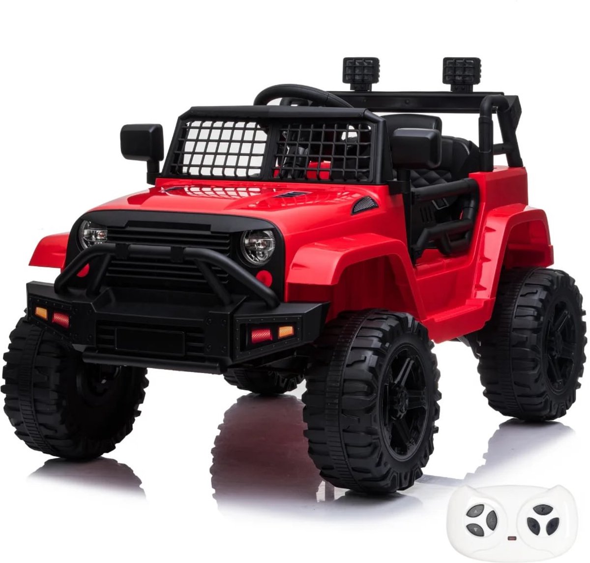 vrooomy trail blazer elektrische kinderauto 1 tot 5 jaar kinderjeep met schokdempers verlichting mp3 speler 12v accuvoertuig met afstandsbediening werkende deuren soft start rood