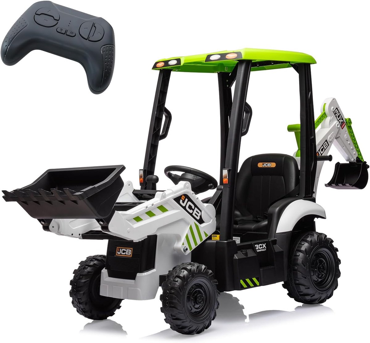 12V Elektrische Kindertractor 4-in-1 met Graafbak, Bulldozerblad en Afneembare Tent - 2,4G Afstandsbediening, Claxon, EVA-wielen, 2-4 km/u - Wit Accuvoertuig kopen online