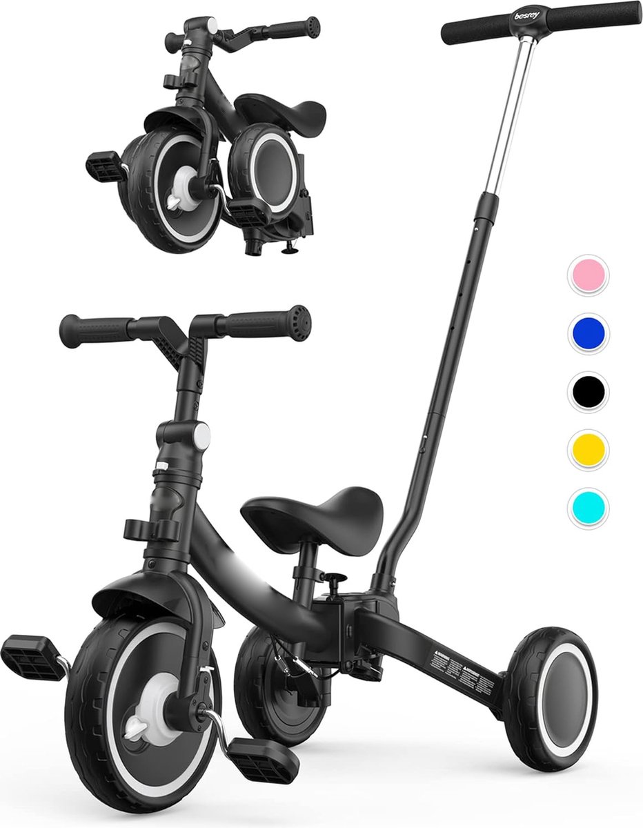 7-in-1 Peuter Trike met Duwstang - Geschikt voor 1-5 Jaar - Vouwbare Wielen - Peuterfiets met Koppeling - Grote Wielen - Verwijderbare Pedalen - Verstelbare Zitting - Zwart Loopfiets kopen online