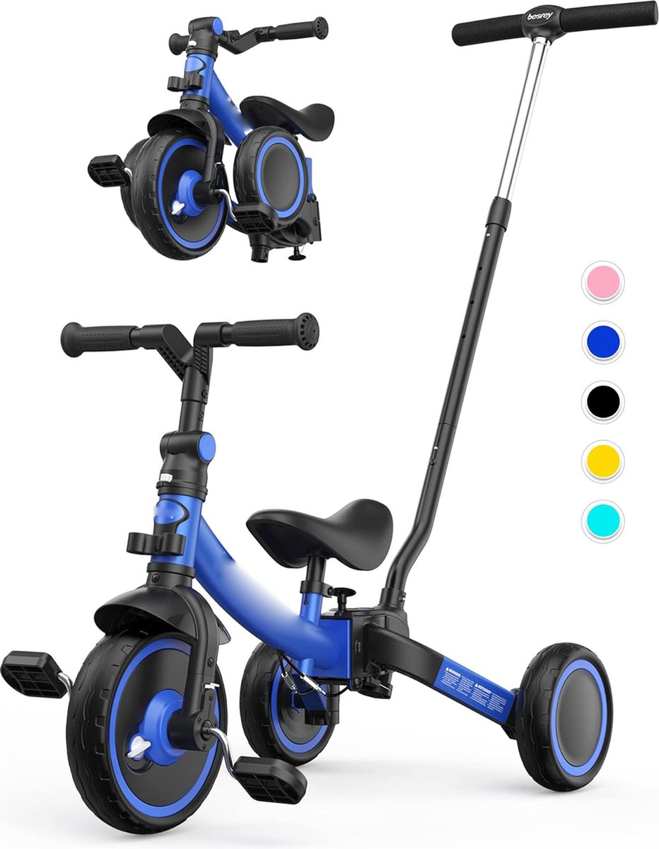 7-in-1 Peuterdriewieler met Stuurhendel Grip - Geschikt voor 1-5 Jaar - Vouwbare Wielen - Peuterfiets met Wielkoppeling - Grotere Wielen - Verwijderbare Pedalen - Verstelbare Zadelhoogte - Blauw Loopfiets kopen online
