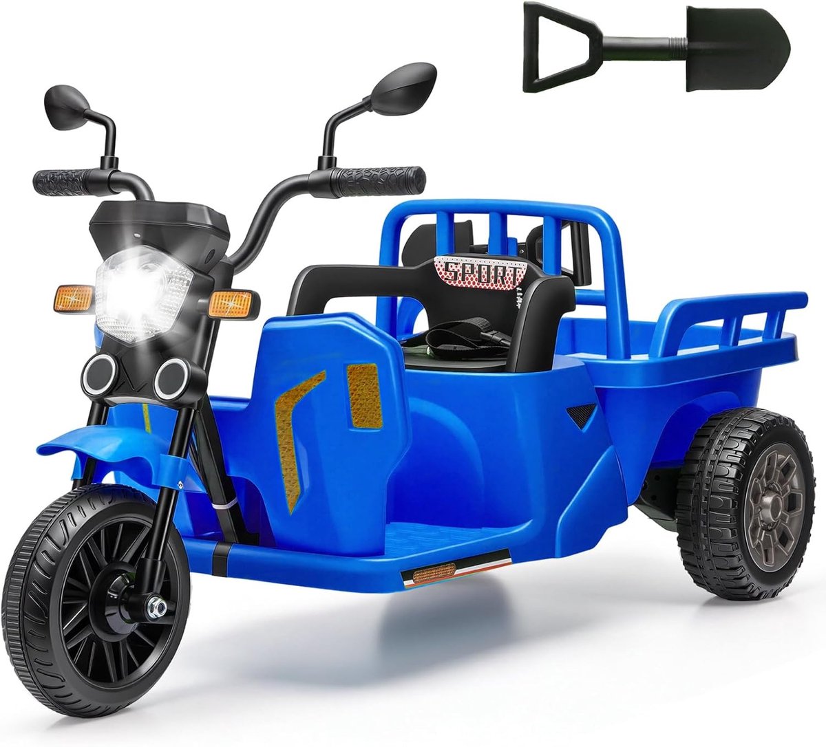 Elektrische Kindermotor met Aanhanger en Schep - 12V Accu Voertuig voor Kinderen - met Afstandsbediening, Bluetooth, LED Verlichting en Muziek - Driewieler - 3 tot 6 Jaar - Donkerblauw Accuvoertuig kopen online