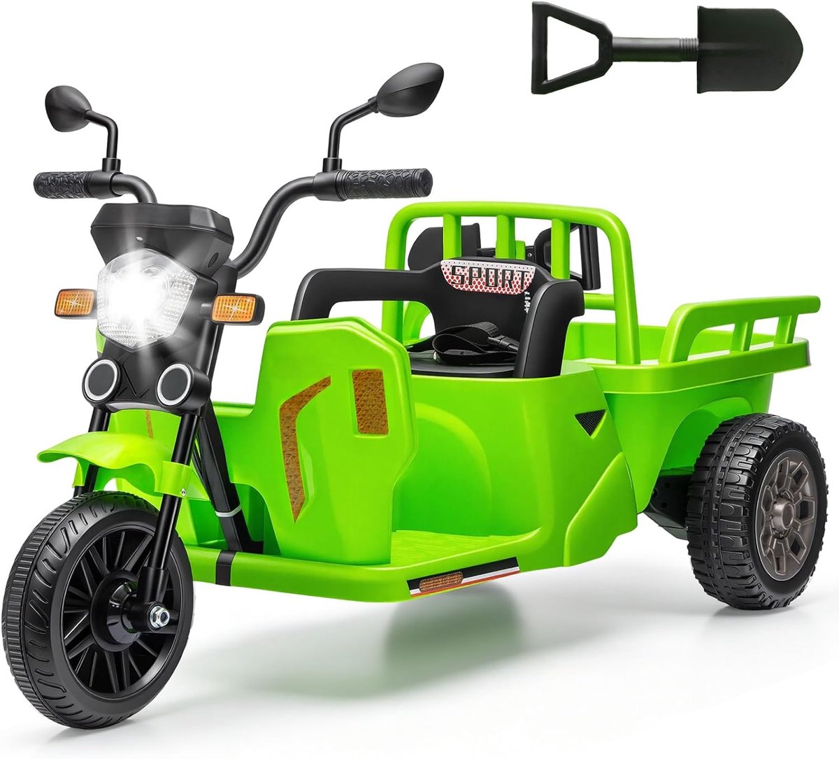 elektrische kindermotor met aanhanger en schep 12v accu voertuig voor kinderen met afstandsbediening bluetooth led verlichting en muziek driewieler 3 tot 6 jaar groen