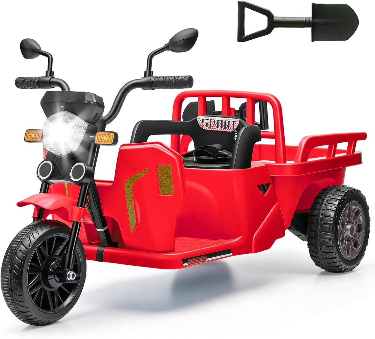 elektrische kindermotor met aanhanger en schep 12v accu voertuig voor kinderen met afstandsbediening bluetooth led verlichting en muziek driewieler 3 tot 6 jaar rood