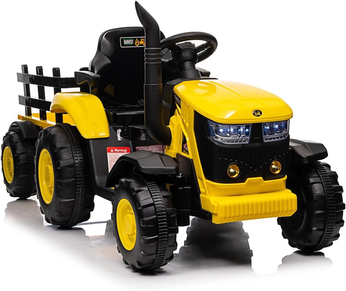 Elektrische Kindertractor 12V met Aanhanger en Afstandsbediening - Speelgoed Tractor met 6 Banden - 2 Motoren, Bluetooth, Muziek & LED Verlichting - geel Accuvoertuig kopen online