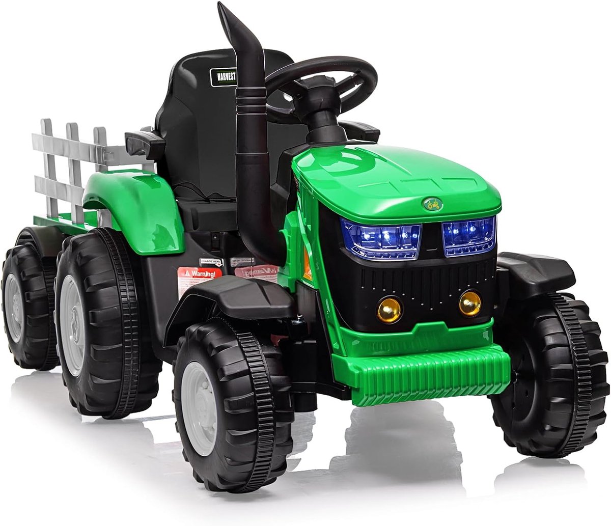 elektrische kindertractor 12v met aanhanger en afstandsbediening speelgoed tractor met 6 banden 2 motoren bluetooth muziek led verlichting groen
