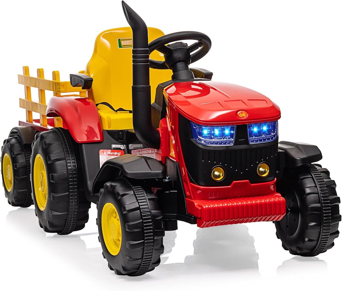 Elektrische Kindertractor 12V met Aanhanger en Afstandsbediening - Speelgoed Tractor met 6 Banden - 2 Motoren, Bluetooth, Muziek & LED Verlichting - rood Accuvoertuig kopen online