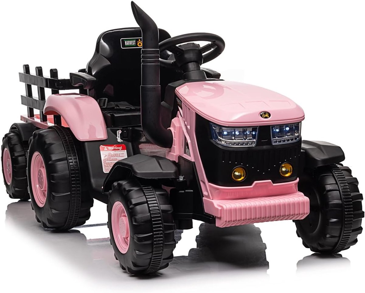Elektrische Kindertractor 12V met Aanhanger en Afstandsbediening - Speelgoed Tractor met 6 Banden - 2 Motoren, Bluetooth, Muziek & LED Verlichting - roze Accuvoertuig kopen online