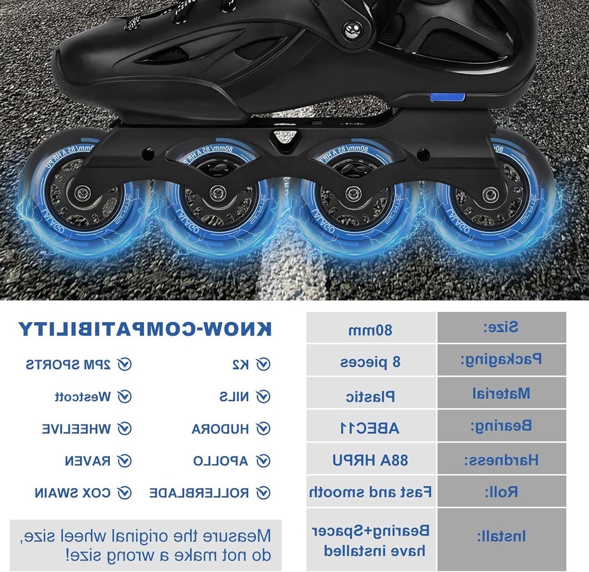 Inline Skate Wielen 80mm, 8 Stuks 88A Hardheid, Met ABEC 9 Lagers, Voor Binnen en Buiten Gebruik Skateonderdeel kopen online