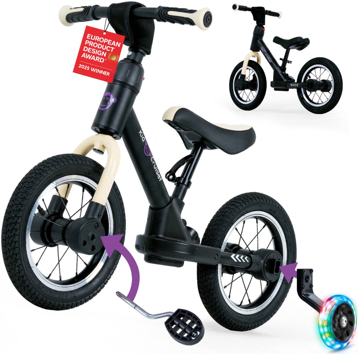 Kidcruiser Loopfiets 2+ jaar - Met LED Zijwieltjes & Trappers - 3-in-1 Kinderfiets - 12 inch – Mat Zwart – Modulair Design - Driewieler loopfiets Loopfiets kopen online