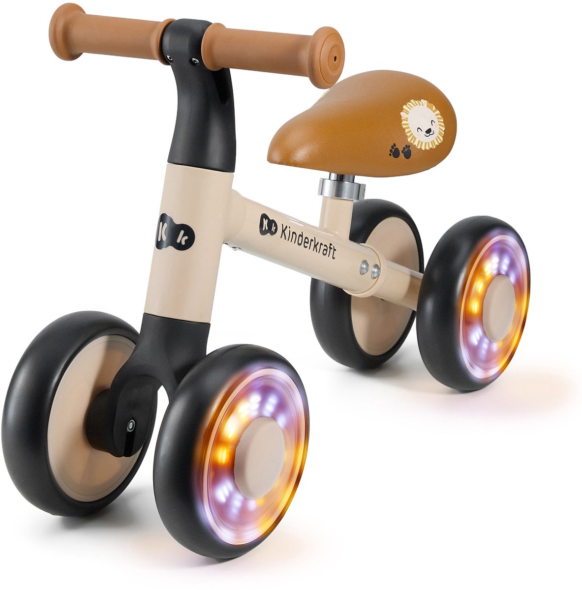 Kinderkraft CUTIE FLASH - mini loopfiets - met RGB-verlichte EVA wielen - verstelbaar zadel - vierwielig ontwerp - Beige Loopfiets kopen online