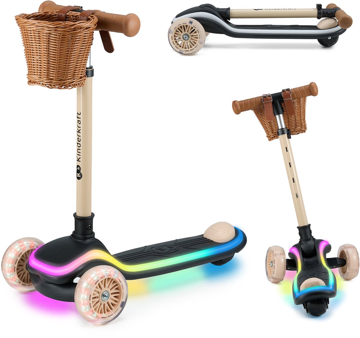 Kinderkraft RAKET - 3-wiel kinderstep - LED-platform met 20 lichtstanden - RGB PU wielen - verstelbaar stuur - Beige Step kopen online