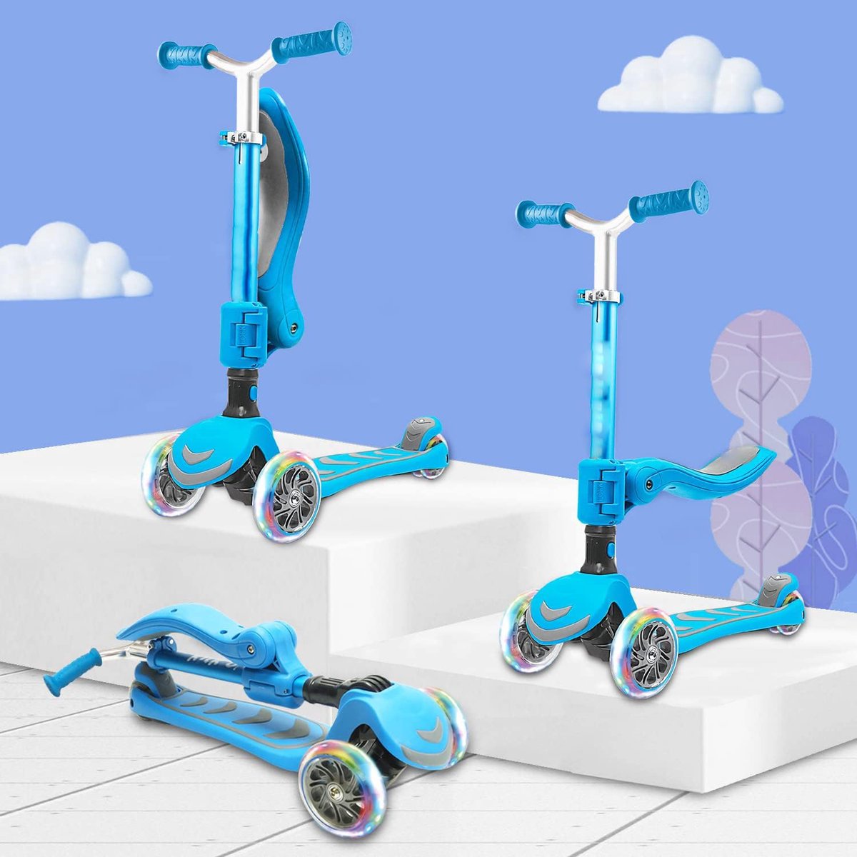 kinderstep vanaf 3 jaar opvouwbare step 4 hoogtes verstelbaar 3 led wielen antislip dek 2 in 1 met zitje buiten speelgoed sportief cadeau voor jongens en meisjes