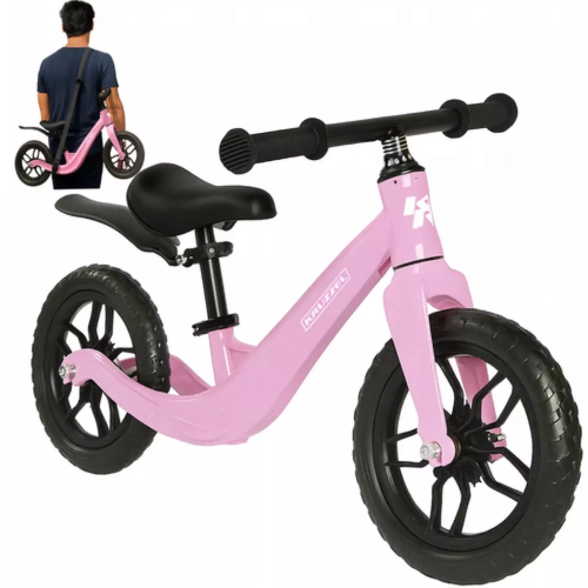 kruzzel loopfiets roze 12 inch verstelbaar zadel draagriem