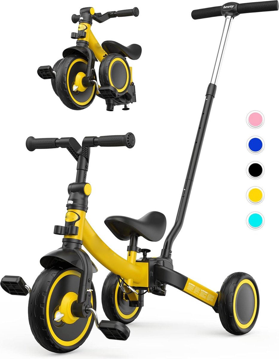 Peuter Driewieler 7-in-1 met Handvat voor 1-5 Jaar - Vouwbare Wielen - Peuterfiets met Wiel Koppeling - Grotere Wielen - Verwijderbare Pedalen - Verstelbaar Zadel - Geel Loopfiets kopen online