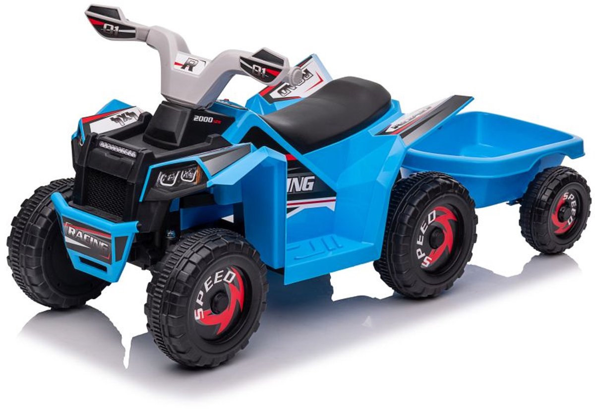 playos elektrische quad met aanhanger blauw tot 30 kg vooruit en achteruit 3 tot 5 km uur elektrische auto bestuurbare auto speelgoedvoertuig buitenspeelgoed