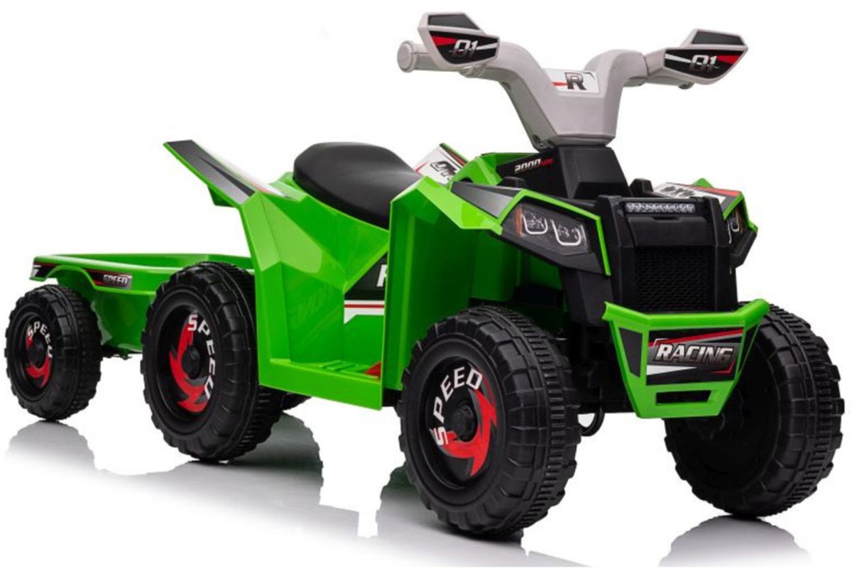 Playos® - Elektrische Quad met Aanhanger - Groen - tot 30 kg - Vooruit en Achteruit - 3 tot 5 km/uur - Elektrische Auto - Bestuurbare Auto - Speelgoedvoertuig - Buitenspeelgoed Accuvoertuig kopen online