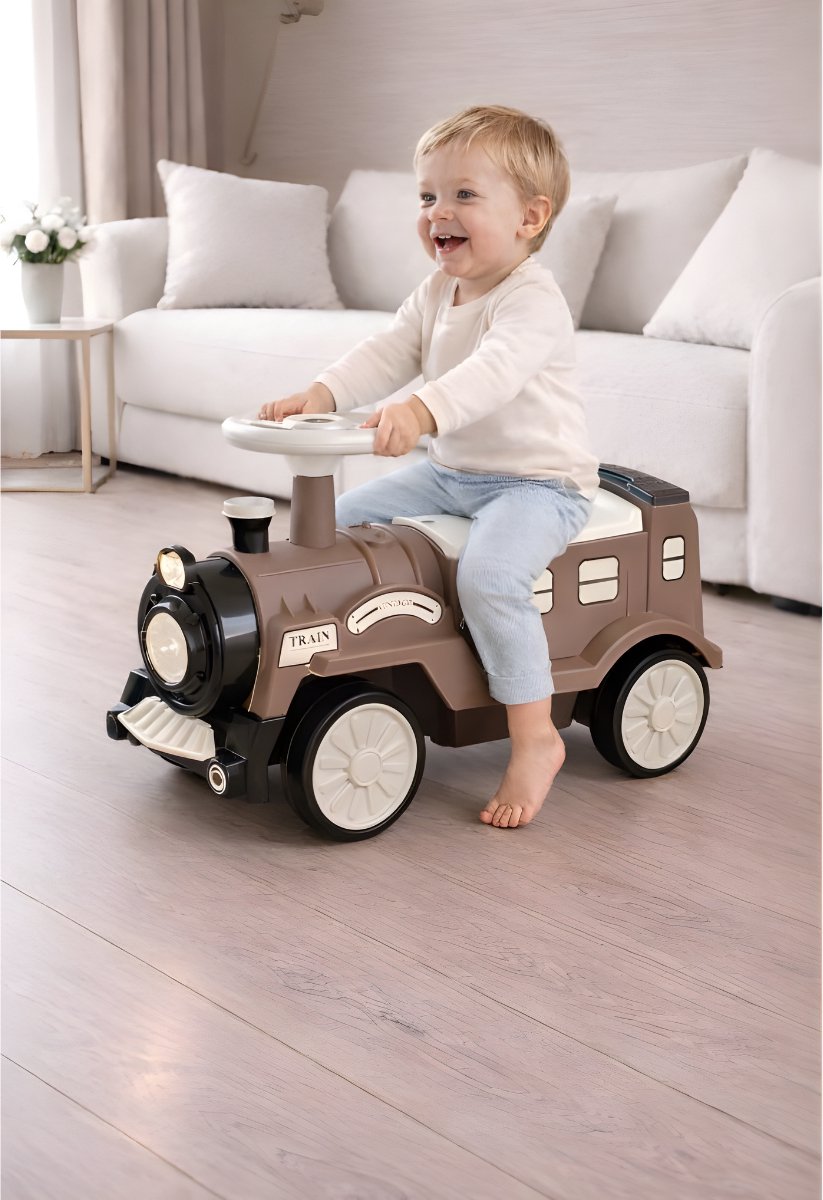retro loopauto looptrein bruin wit vintage look met opbergvak voor kinderen 2 5 jaar