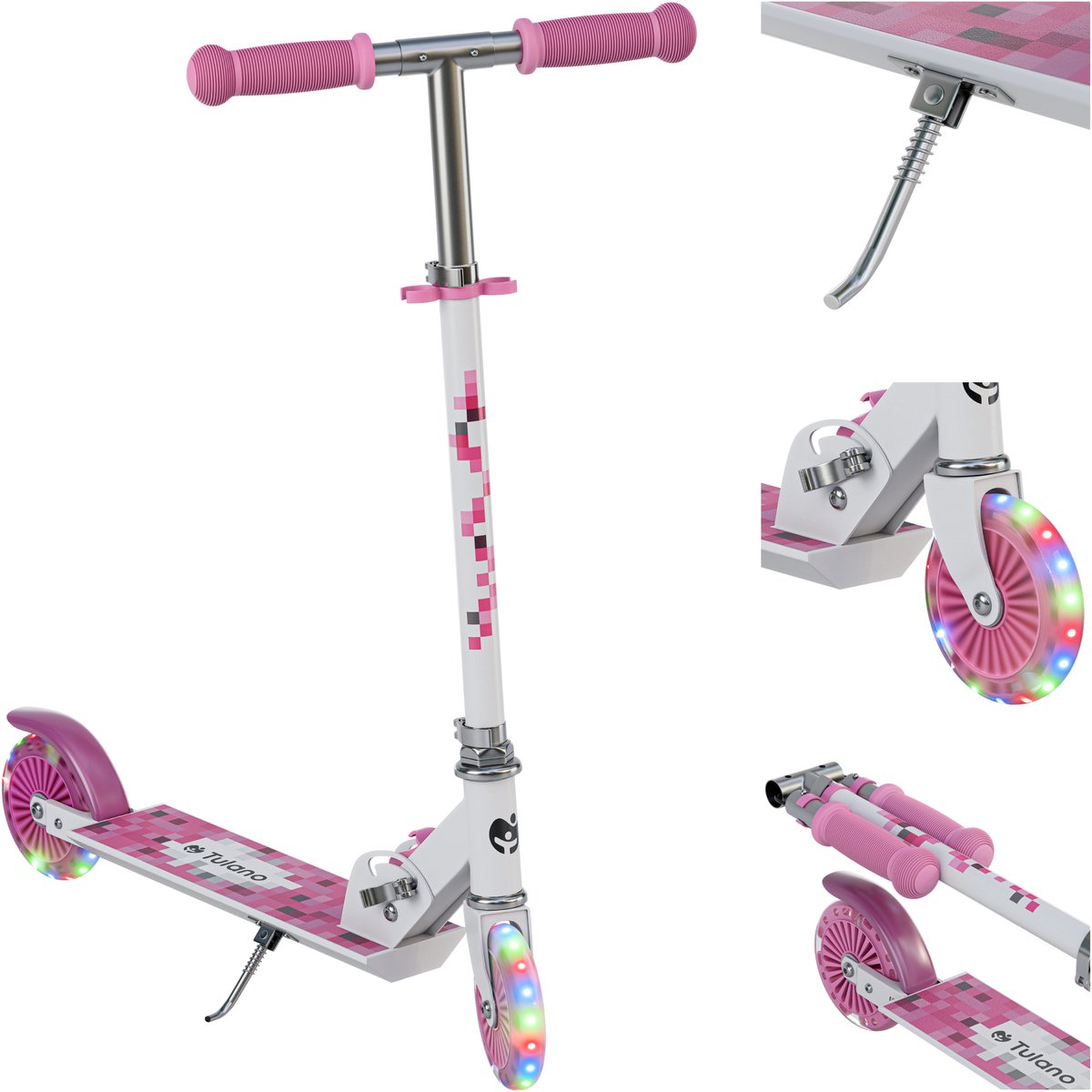 Tulano Zigzag - Kinderstep – Kinderscooter - opvouwbaar – met verlichte LED-wielen – met standaard – rose Step kopen online
