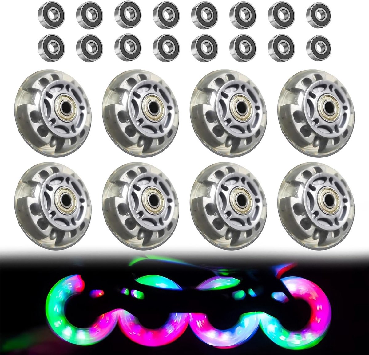 8 stuks inline skate wielen 72mm zilver transparant met 16 stuks lagers geschikt voor alle rollerblades en skates