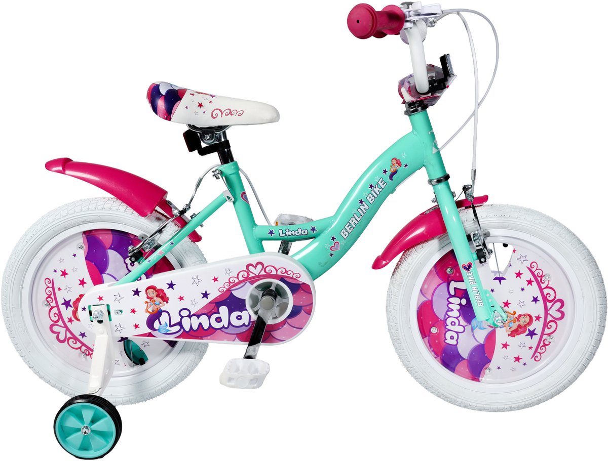 Berlin Bike Linda meisjesfiets 16 inch turquoise – zeemeermin – kinderfiets met zijwieltjes voor 4-, 5- en 6-jarige kinderen – fiets 16 inch Kinderfiets kopen online