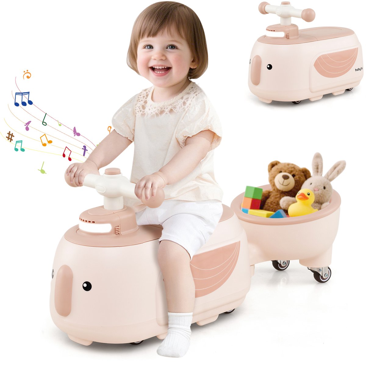 COSTWAY Glijauto met aanhanger, glijvoertuig met licht, muziek en opbergruimte onder de stoel, glijvoertuig voor binnen en buiten, voor kinderen vanaf 1 jaar (koffie) Loopfiets kopen online