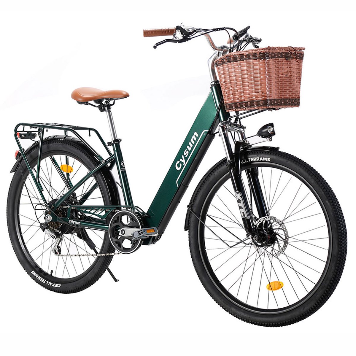cysum cityrun elektrische fiets 250w motor 36v10ah accu max snelheid 25km u 26 inch banden max bereik 60km shimano 7 versnellingen groen